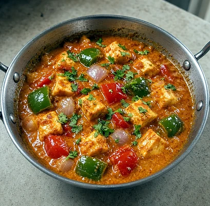 Paneer kadai curry with bell peppers and onion in a steel kadai