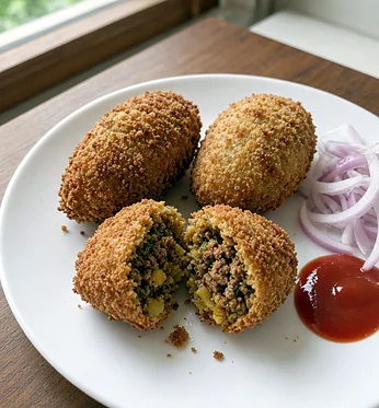 Three breadcrumbed cutlets, one cut open, on a white plate with sliced onion and ketchup