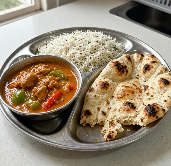 Kadai combo on a steel plate: chicken kadai curry, jeera rice and naan